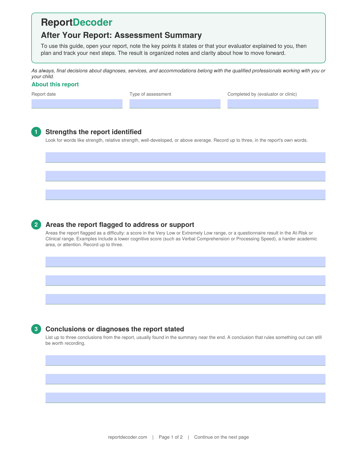 Preview of page one of the Assessment Summary Worksheet, showing the about this report, strengths, and areas flagged sections