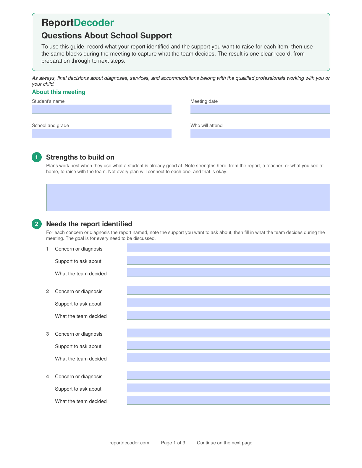 Preview of page one of the school support worksheet, showing the meeting details, strengths, and needs sections