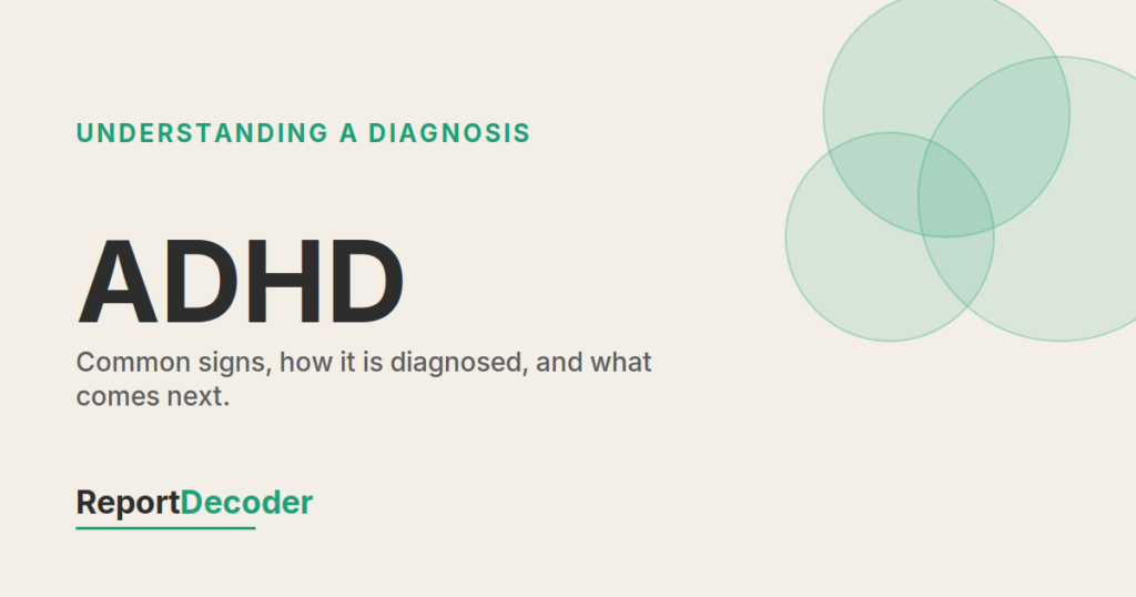 ReportDecoder card reading ADHD, labeled Understanding a Diagnosis