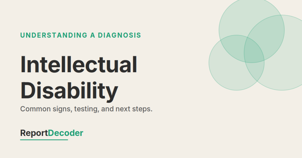 ReportDecoder card reading Intellectual Disability, labeled Understanding a Diagnosis