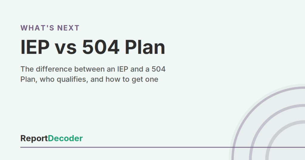 ReportDecoder guide card: IEP vs 504 Plan, explaining the difference between the two and how to get school support after an assessment
