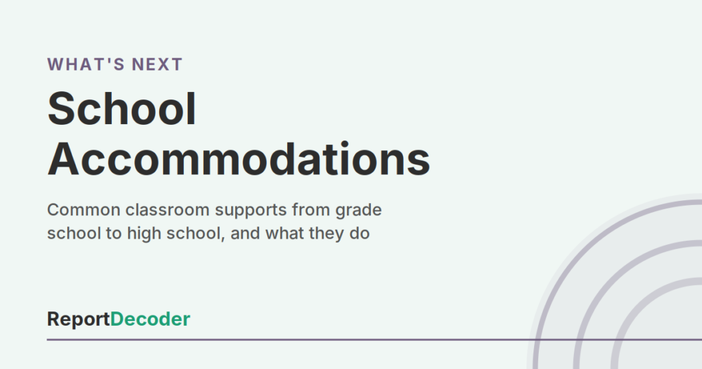 ReportDecoder What's Next? section card: School Accommodations, common classroom supports from grade school to high school and what they do.