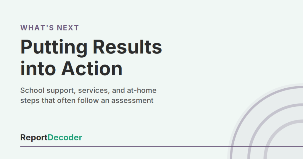 ReportDecoder What's Next? section card: Putting Results into Action, guides to support, services, and at-home steps after an assessment.