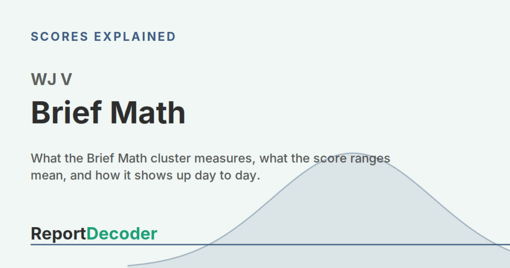 ReportDecoder featured graphic for the WJ V Brief Math cluster, headed "WJ V Brief Math" under a "Scores Explained" label.