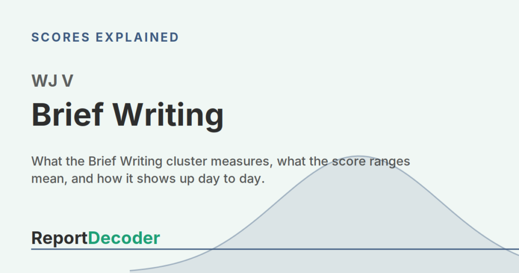 ReportDecoder featured graphic for the WJ V Brief Writing cluster, headed "WJ V Brief Writing" under a "Scores Explained" label.